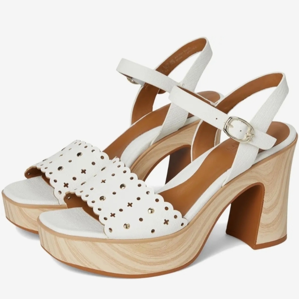 Naturalizer White Scalloped Platform Sandals with Wood-Look Heel